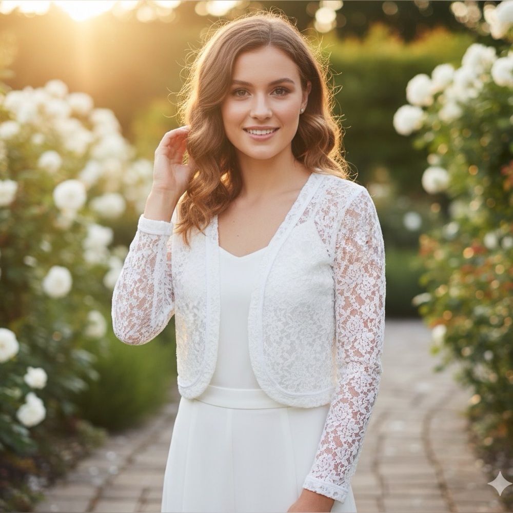 Elegant White floral lace front cardigan Vintage BFA classics size Medium